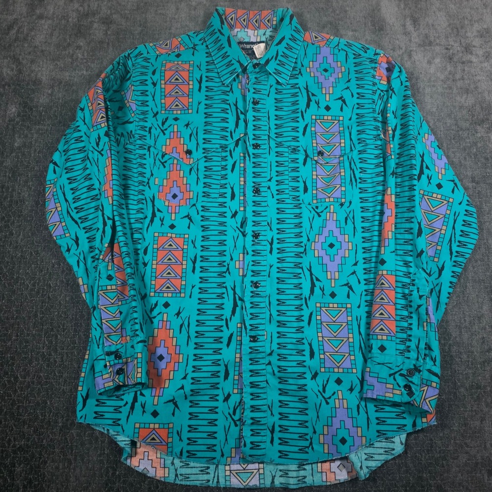 Vtg Wrangler Brushpopper Cowboy Cut Mens 16.5 Shirt Teal Aztec Geometric US
